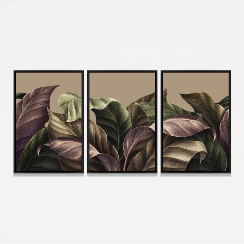 Quadro Trio Tropical Green Brown Leaves