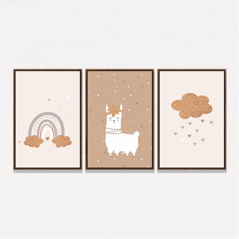 Quadro Trio Infantil Ilama e Arco-íris