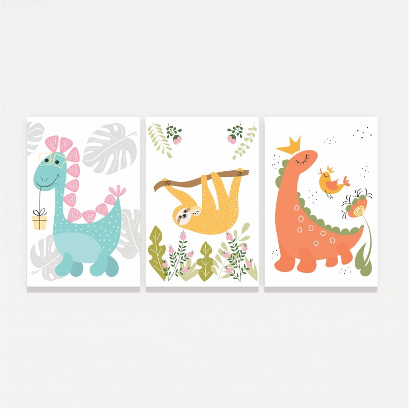 Quadro Trio Infantil Dinos e Preguiça