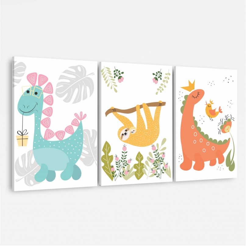 Quadro Trio Infantil Dinos e Preguiça