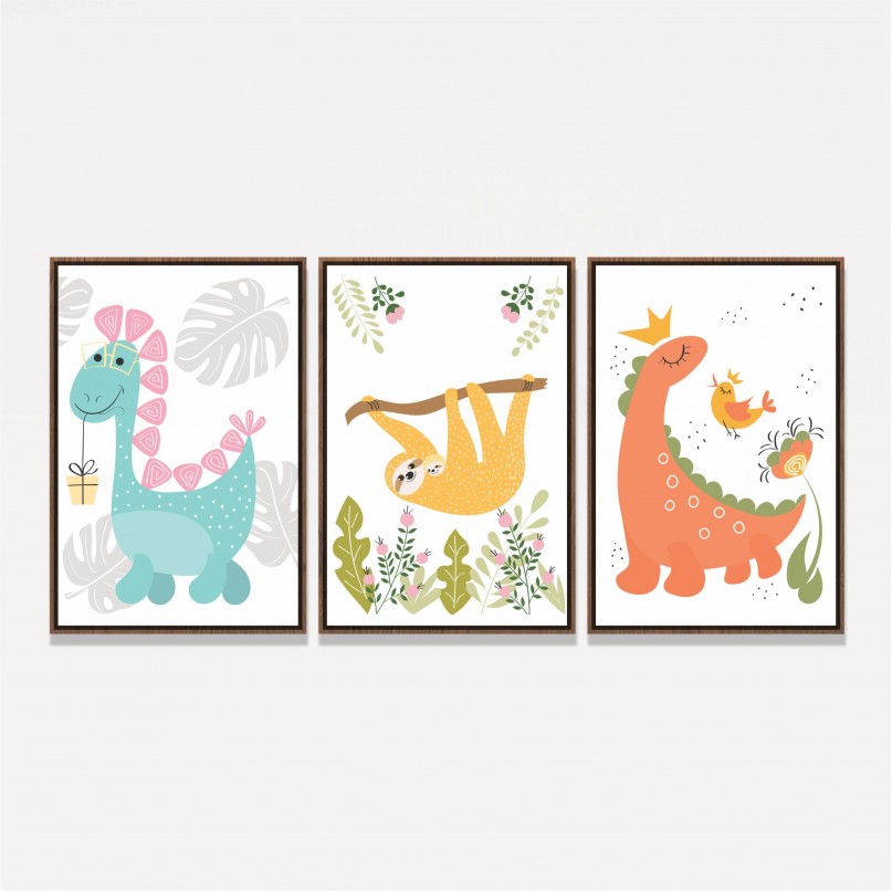 Quadro Trio Infantil Dinos e Preguiça