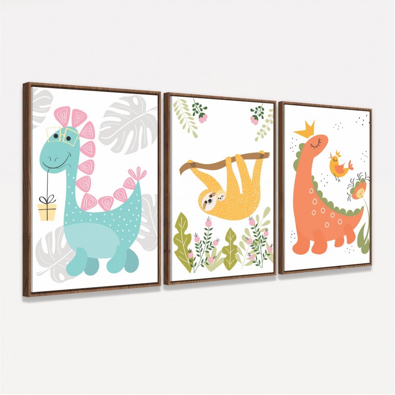 Quadro Trio Infantil Dinos e Preguiça