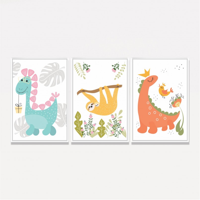 Quadro Trio Infantil Dinos e Preguiça