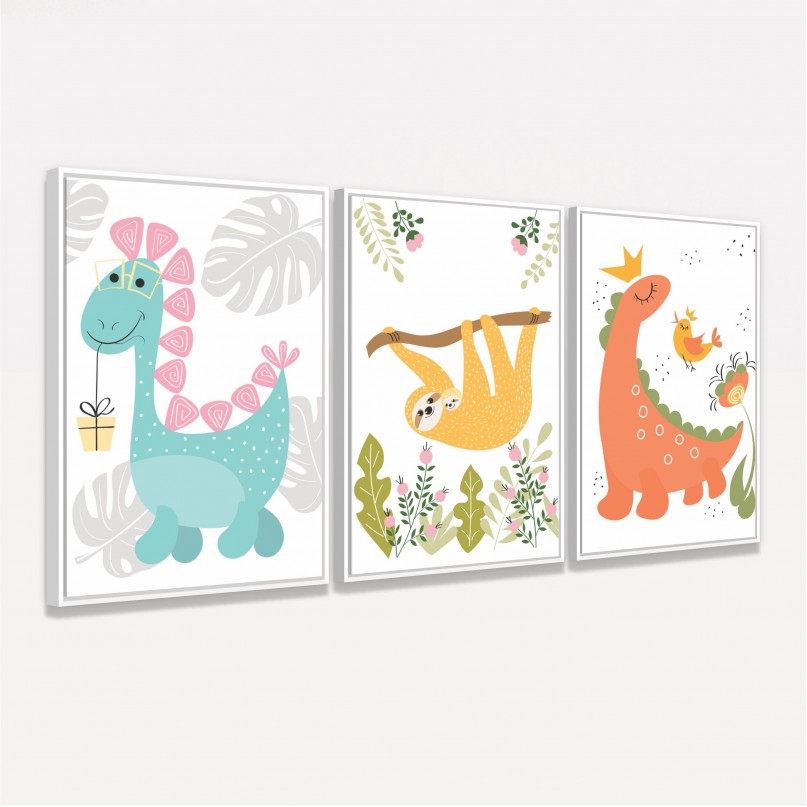 Quadro Trio Infantil Dinos e Preguiça