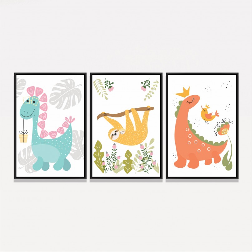 Quadro Trio Infantil Dinos e Preguiça