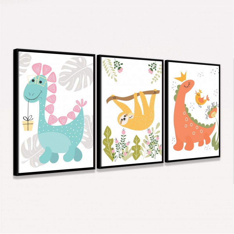 Quadro Trio Infantil Dinos e Preguiça