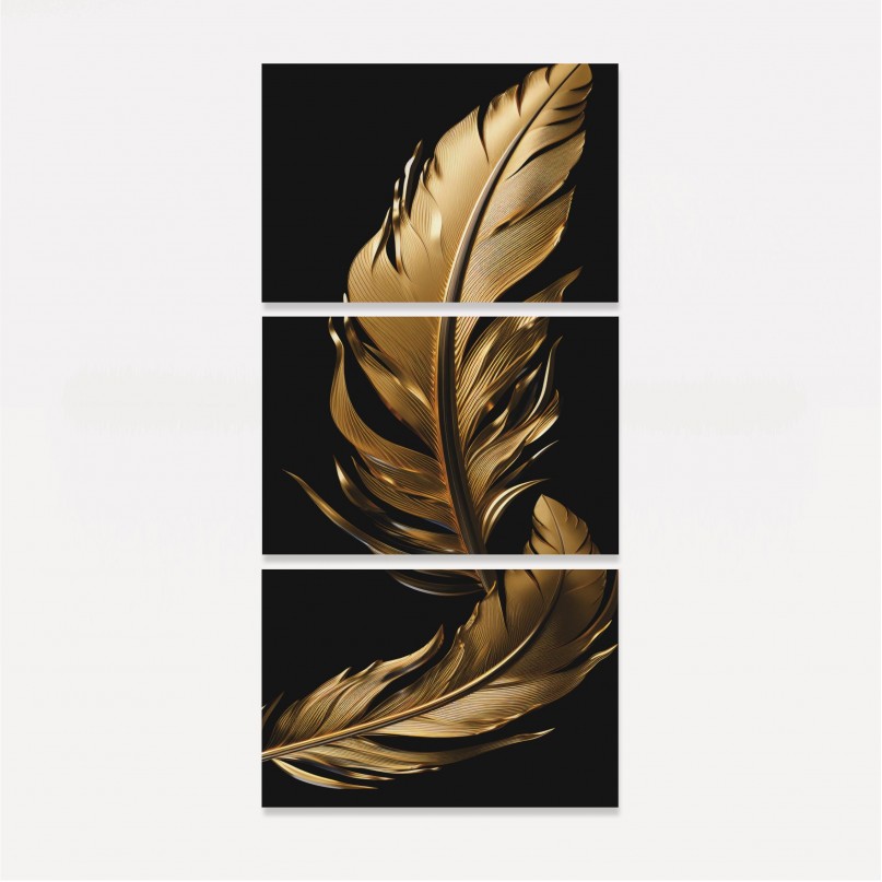 Quadro Trio Moderno Penas Gold Fundo Preto