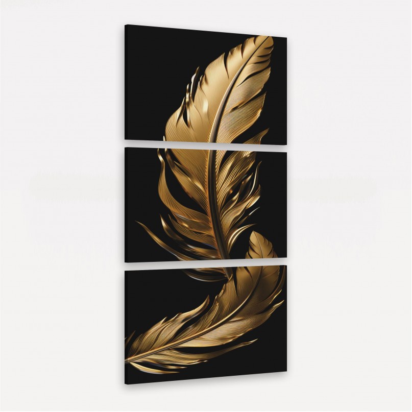Quadro Trio Moderno Penas Gold Fundo Preto