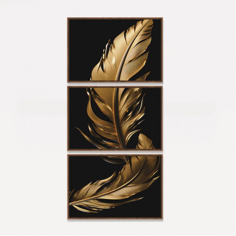 Quadro Trio Moderno Penas Gold Fundo Preto