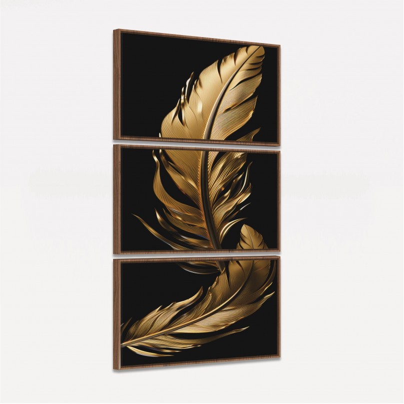 Quadro Trio Moderno Penas Gold Fundo Preto
