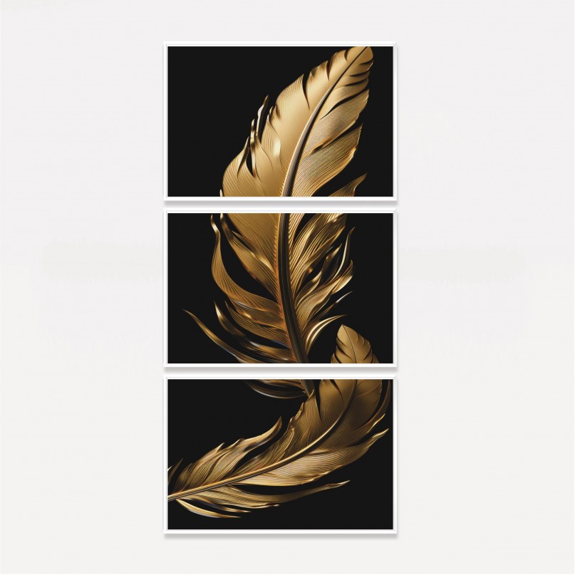 Quadro Trio Moderno Penas Gold Fundo Preto