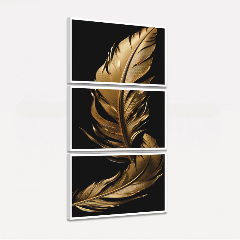 Quadro Trio Moderno Penas Gold Fundo Preto
