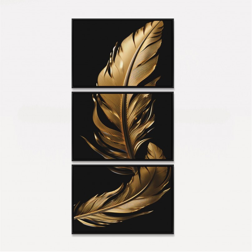 Quadro Trio Moderno Penas Gold Fundo Preto