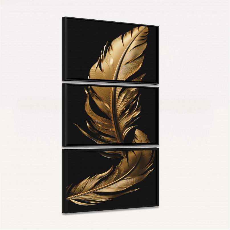 Quadro Trio Moderno Penas Gold Fundo Preto