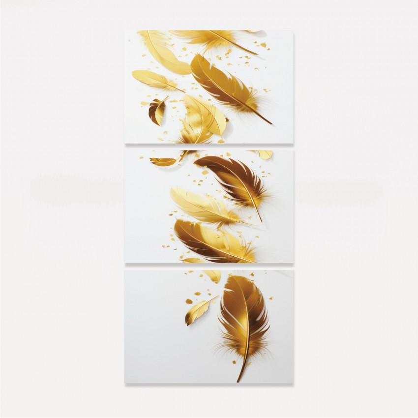 Quadro Trio Soft Penas Douradas Brilhantes