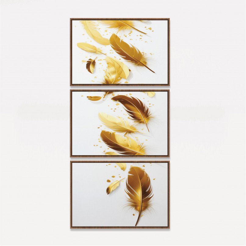 Quadro Trio Soft Penas Douradas Brilhantes