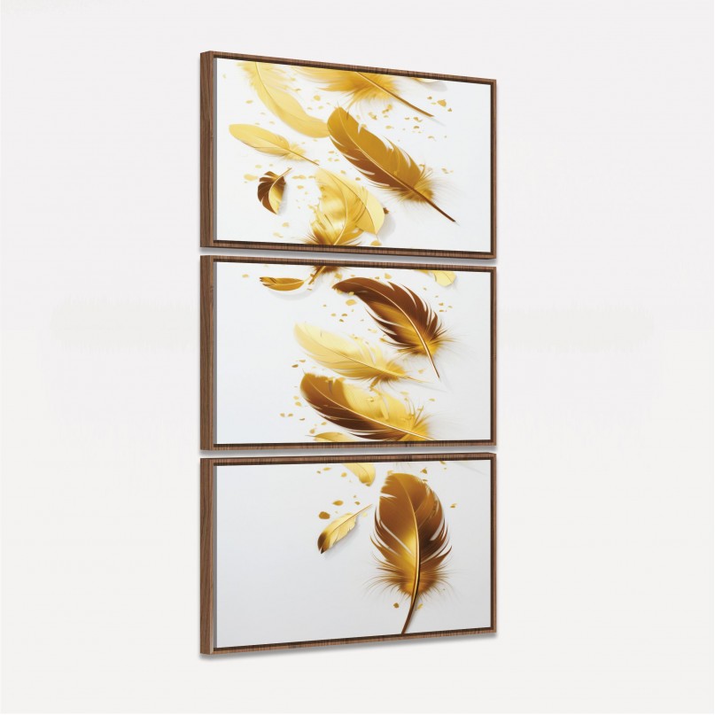 Quadro Trio Soft Penas Douradas Brilhantes