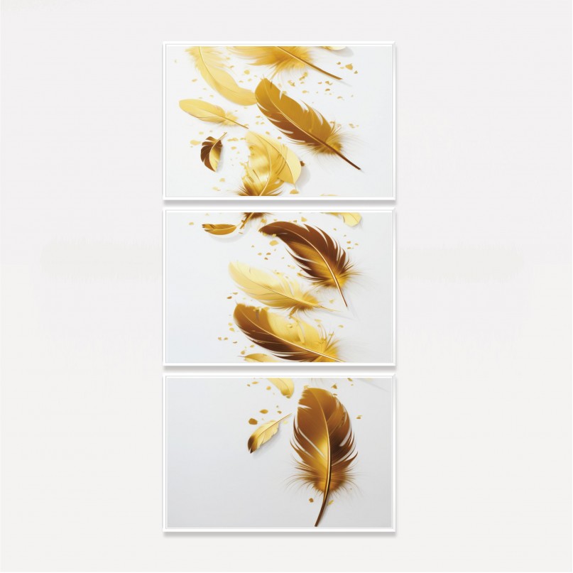 Quadro Trio Soft Penas Douradas Brilhantes