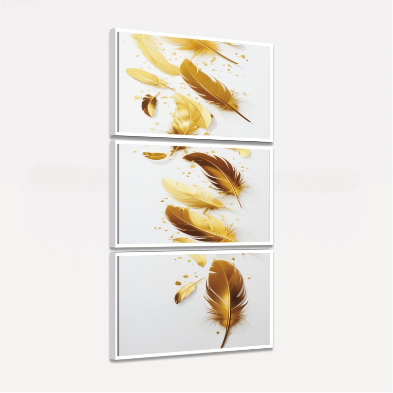 Quadro Trio Soft Penas Douradas Brilhantes