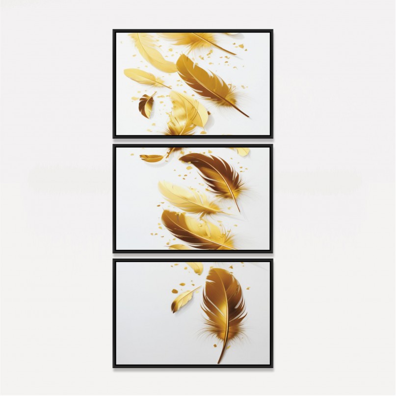 Quadro Trio Soft Penas Douradas Brilhantes