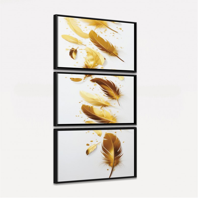 Quadro Trio Soft Penas Douradas Brilhantes