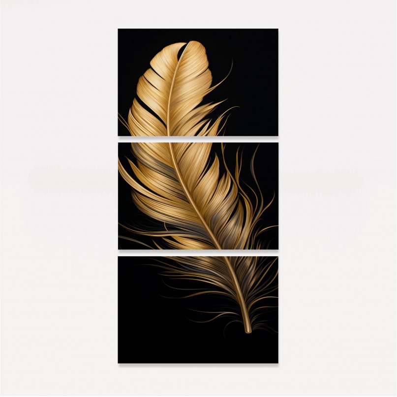 Quadro Pena Glow Dourada Fundo Preto - 3 Peças