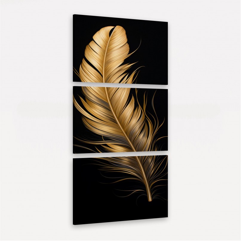 Quadro Pena Glow Dourada Fundo Preto - 3 Peças