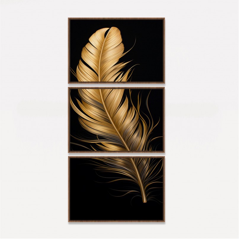Quadro Pena Glow Dourada Fundo Preto - 3 Peças
