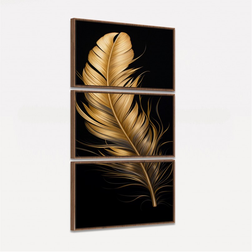Quadro Pena Glow Dourada Fundo Preto - 3 Peças
