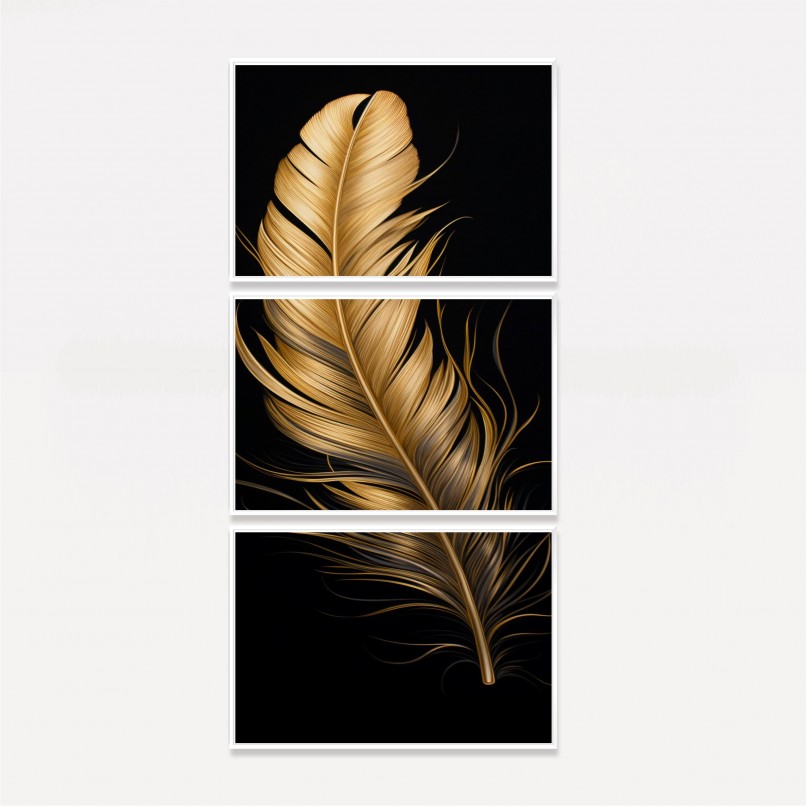 Quadro Pena Glow Dourada Fundo Preto - 3 Peças