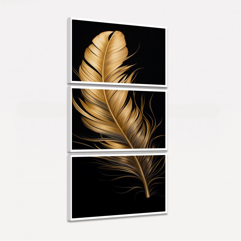 Quadro Pena Glow Dourada Fundo Preto - 3 Peças