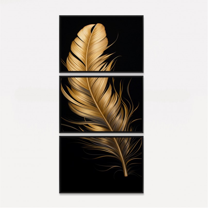 Quadro Pena Glow Dourada Fundo Preto - 3 Peças