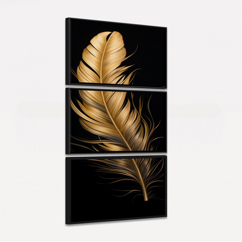 Quadro Pena Glow Dourada Fundo Preto - 3 Peças