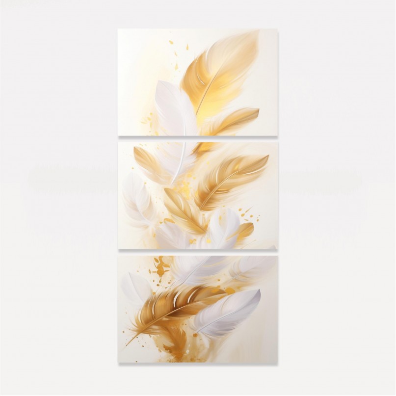 Quadro Penas Douradas Soft em Fundo Branco - 3 Peças