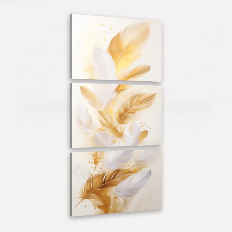 Quadro Penas Douradas Soft em Fundo Branco - 3 Peças