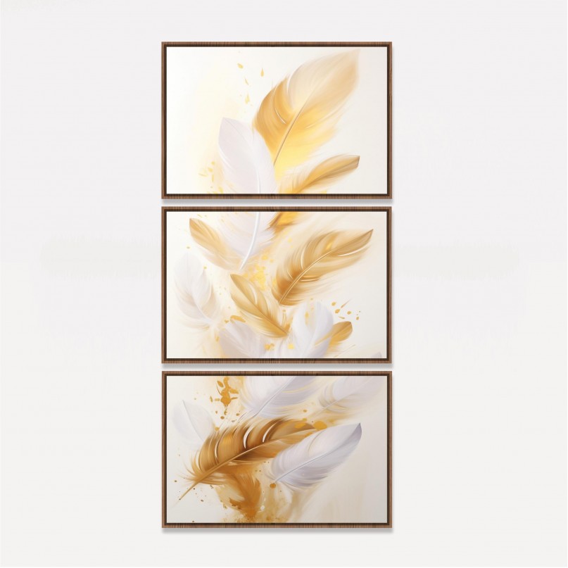 Quadro Penas Douradas Soft em Fundo Branco - 3 Peças