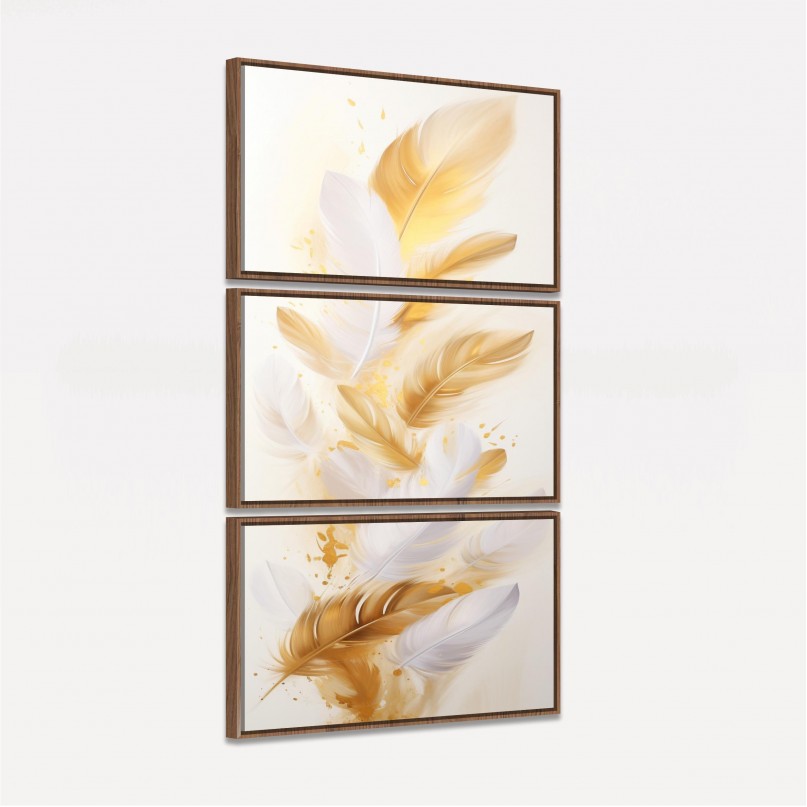 Quadro Penas Douradas Soft em Fundo Branco - 3 Peças
