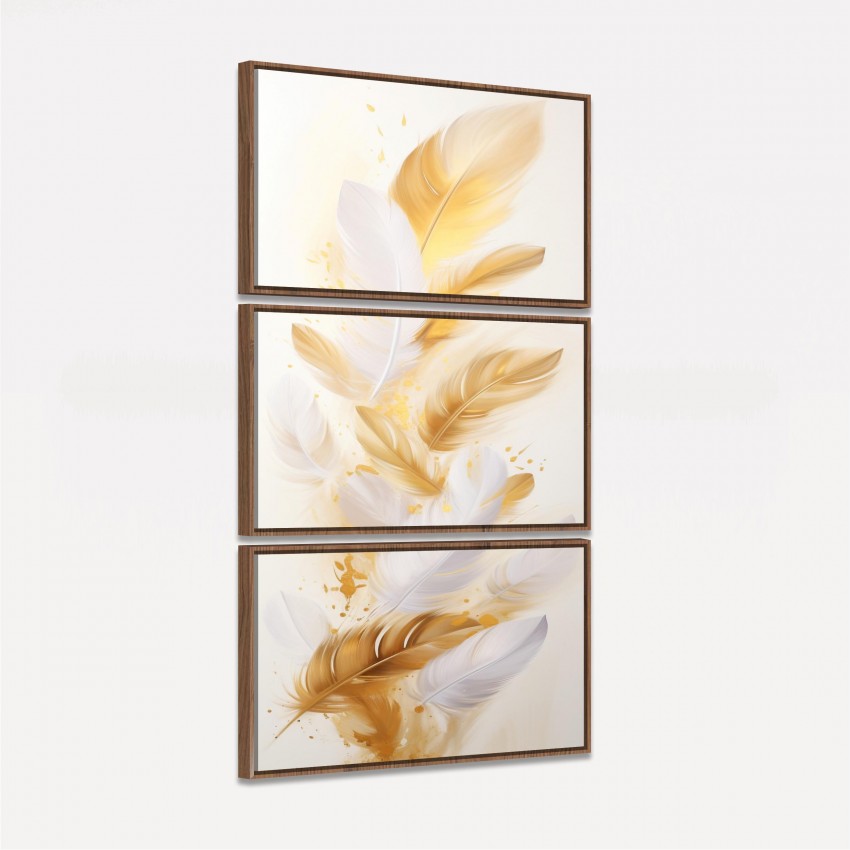 Quadro Penas Douradas Soft em Fundo Branco - 3 Peças