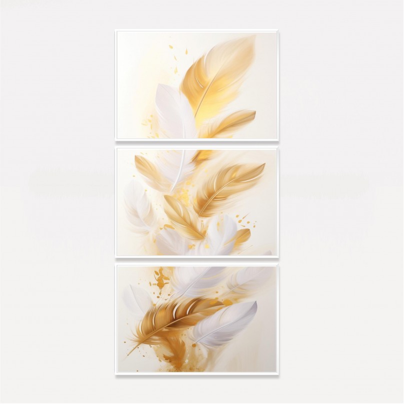 Quadro Penas Douradas Soft em Fundo Branco - 3 Peças