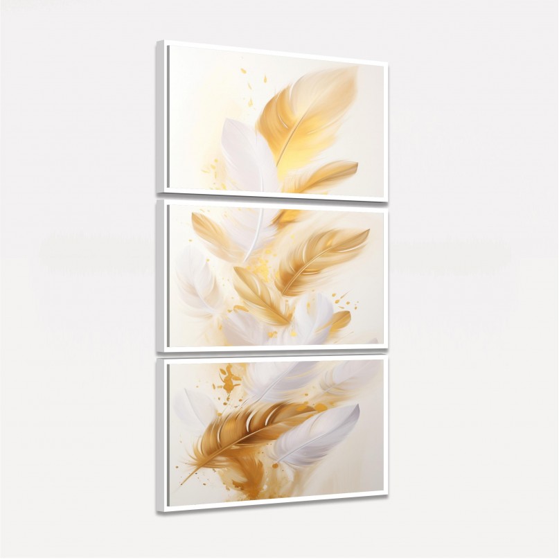 Quadro Penas Douradas Soft em Fundo Branco - 3 Peças