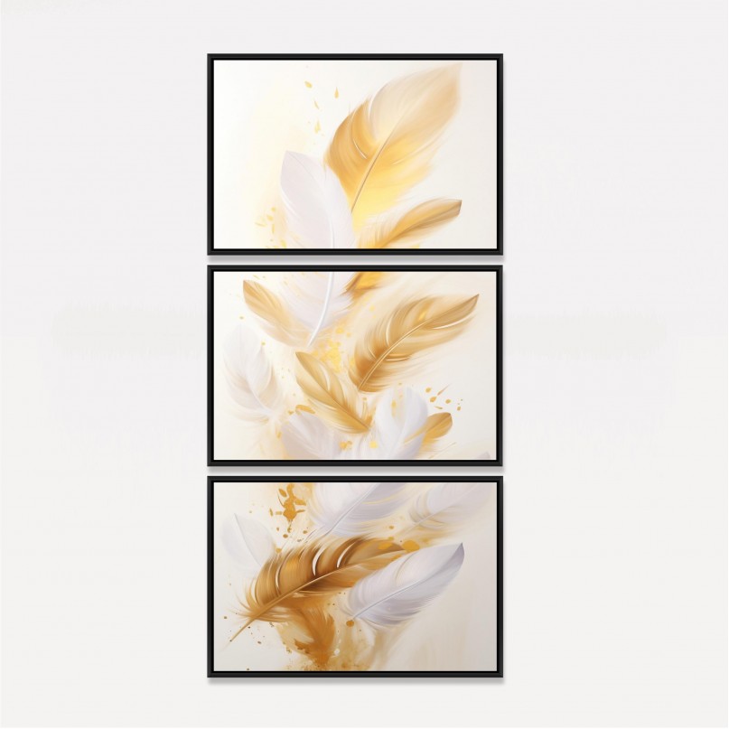 Quadro Penas Douradas Soft em Fundo Branco - 3 Peças