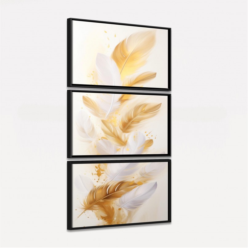 Quadro Penas Douradas Soft em Fundo Branco - 3 Peças