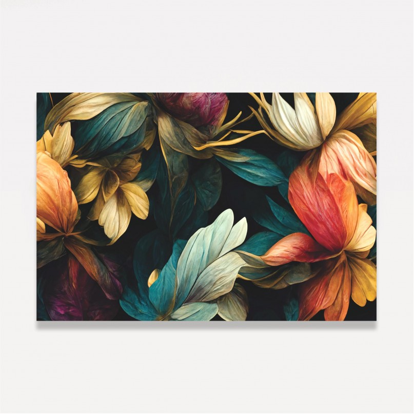 Quadro Folhagens Artístico Fundo Preto 