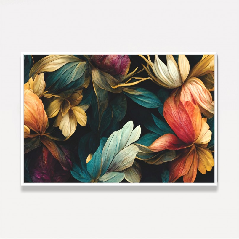 Quadro Folhagens Artístico Fundo Preto 