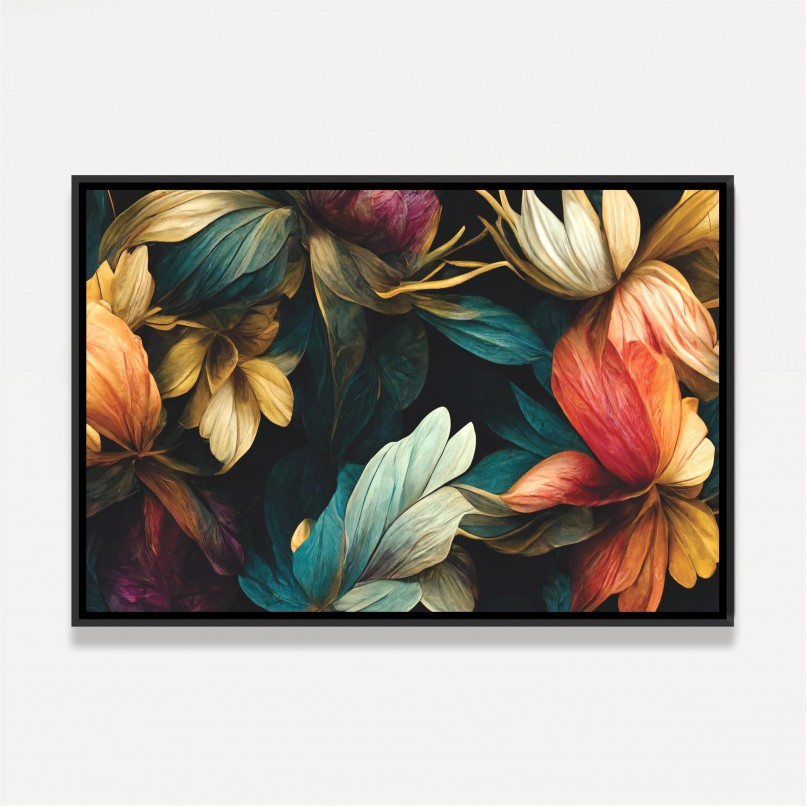 Quadro Folhagens Artístico Fundo Preto 