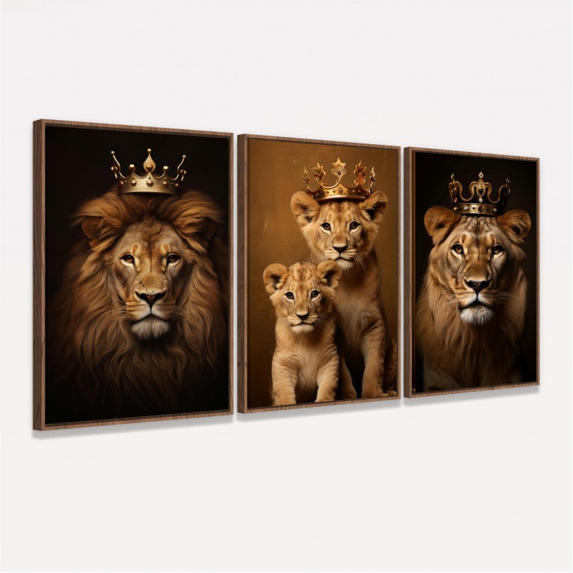 Quadro Trio Família de Leões Real 2 Filhotes
