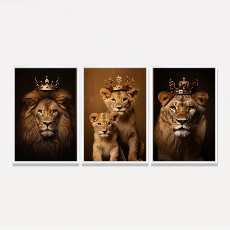 Quadro Trio Família de Leões Real 2 Filhotes