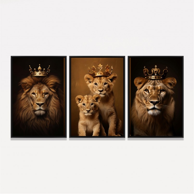 Quadro Trio Família de Leões Real 2 Filhotes