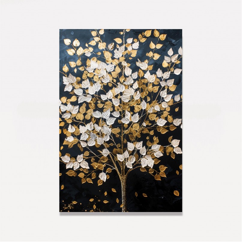 Quadro Abstrato Árvore Folhas Douradas e Brancas