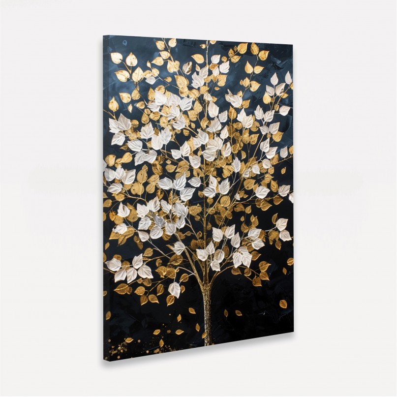 Quadro Abstrato Árvore Folhas Douradas e Brancas